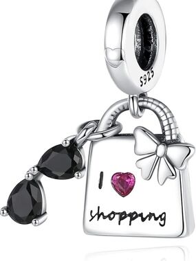Sterling Silver I Heart Shopping Charm Pendant with Black and Pink Stones